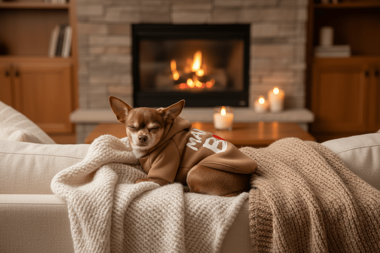 Pet Hoodie - Soft Sweatshirt for Small Dogs & Cats on cozy sofa by a warm fireplace with a sleeping Chihuahua.