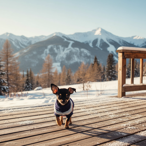 Chihuahua op bergcabin terras