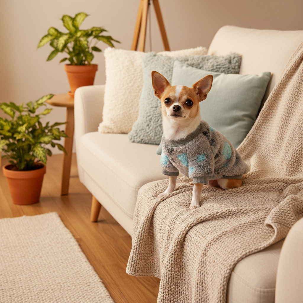 Chihuahua wearing grey sweater - cozy living room