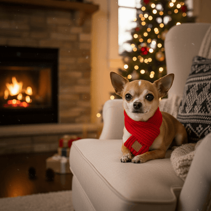 Winter Dog Scarf 2-Pack – Red & Green | Festive Knit on a Chihuahua by the fireplace.