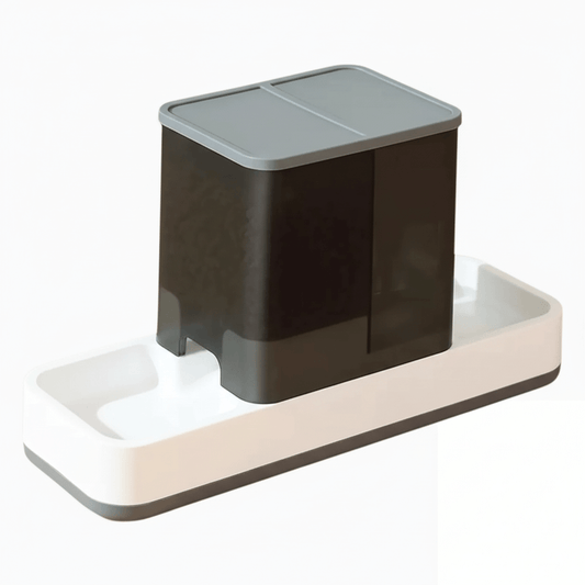 Gravity pet feeder and waterer for small pets with food dispenser and water station.