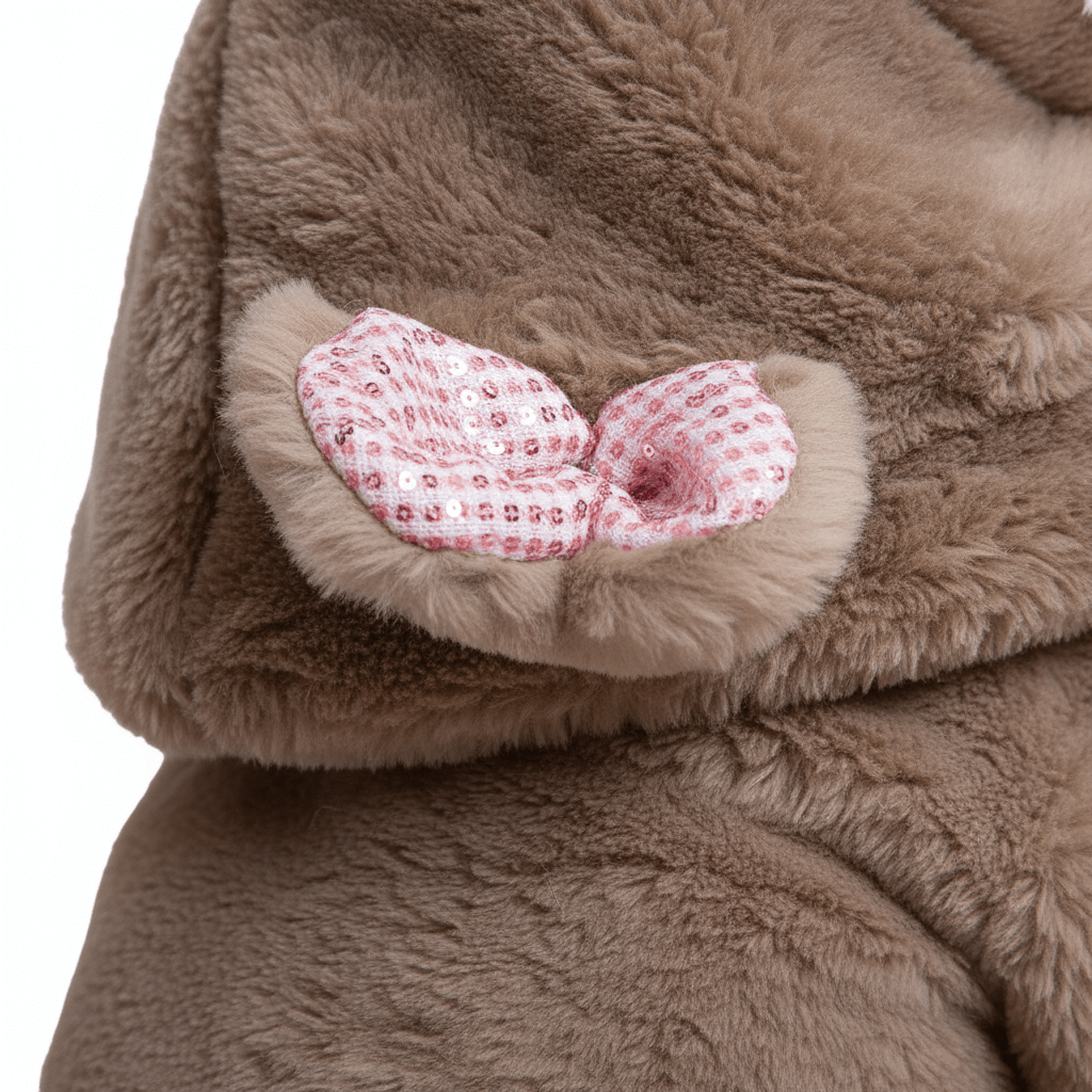 Close-up of 3D ear detail on Khaki Plush Hoodie for Pets, showcasing plush fabric and adorable design.