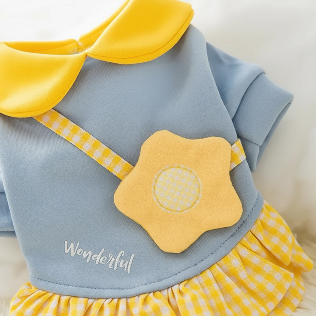 Close-up grijs-geel jurkje