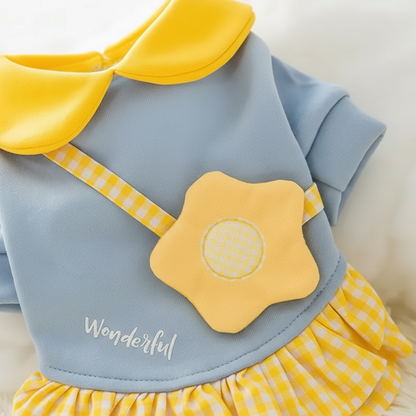 Close-up grijs-geel jurkje