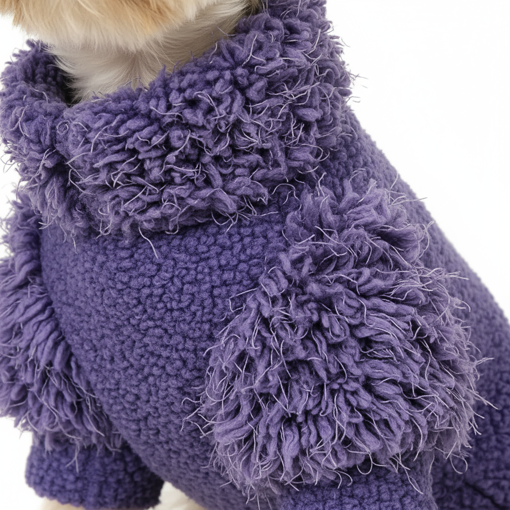 Close-up of a dog wearing a purple fleece sweater with shaggy texture.