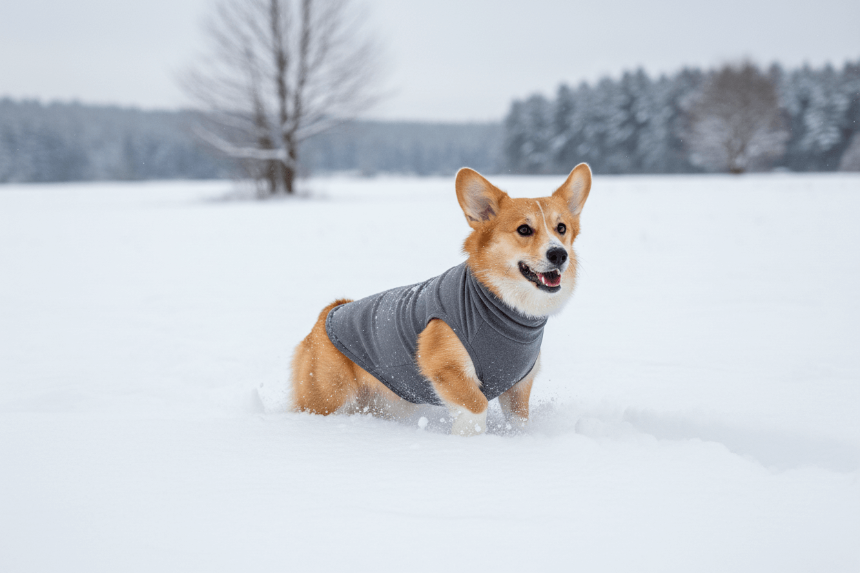 Corgi in the snow wearing a cozy velvet dog sweater for large dogs, enjoying outdoor winter fun.