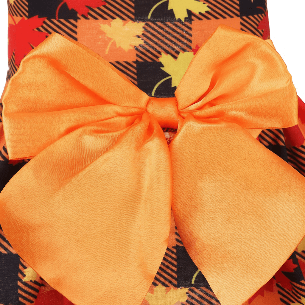Autumn Plaid Puppy Dress – Maple Style with orange bow and plaid pattern, perfect for fall celebrations and photo sessions.