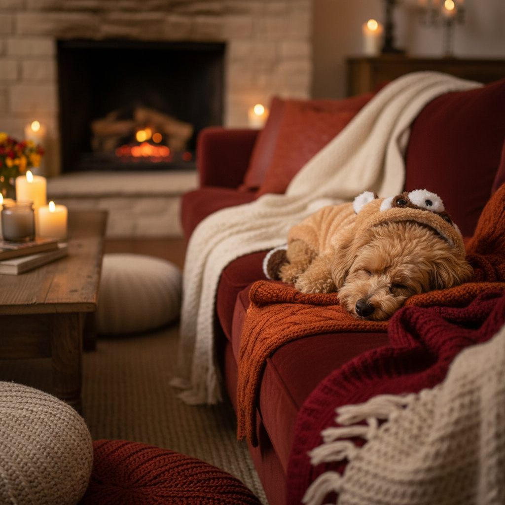 Dog in Red Panda costume on velvet sofa