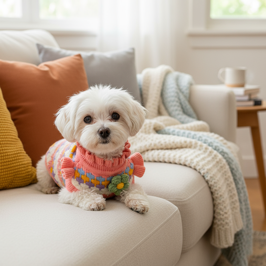 Dog in sweater - cozy living room