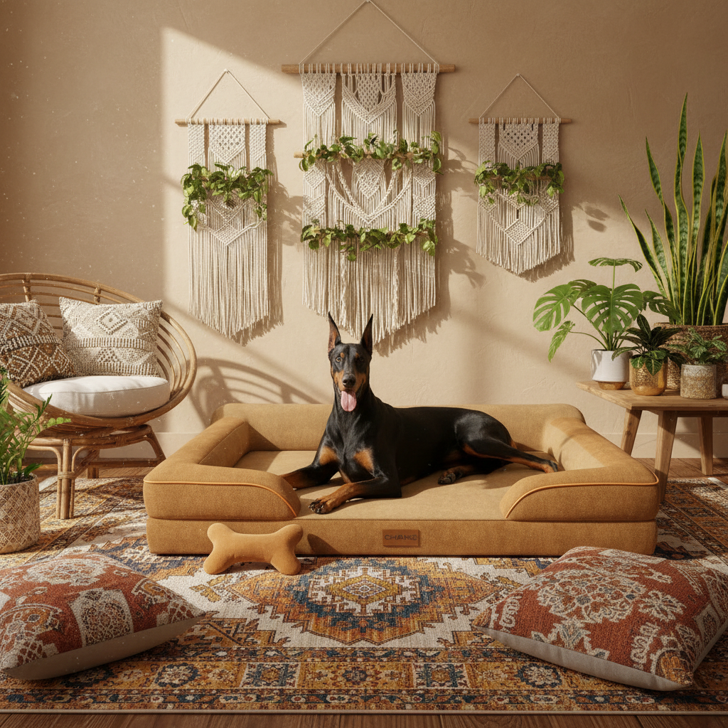Dog on bed in bohemian living room