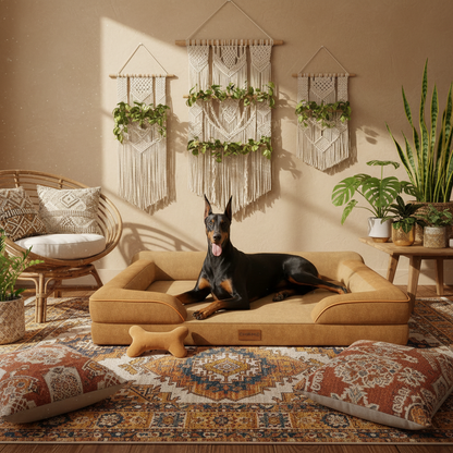 Dog on bed in bohemian living room