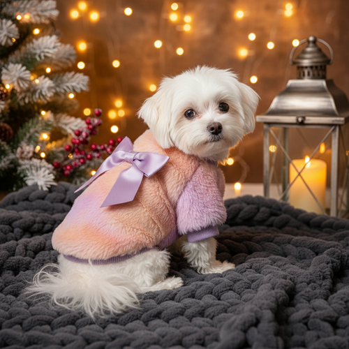 Dog on cozy blanket winter scene