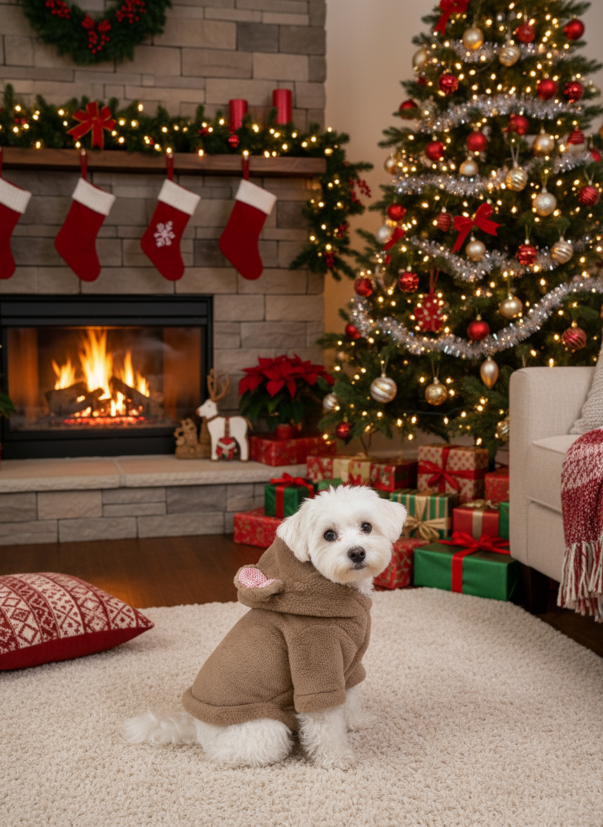 Dog wearing 3D ear hoodie - Christmas setting