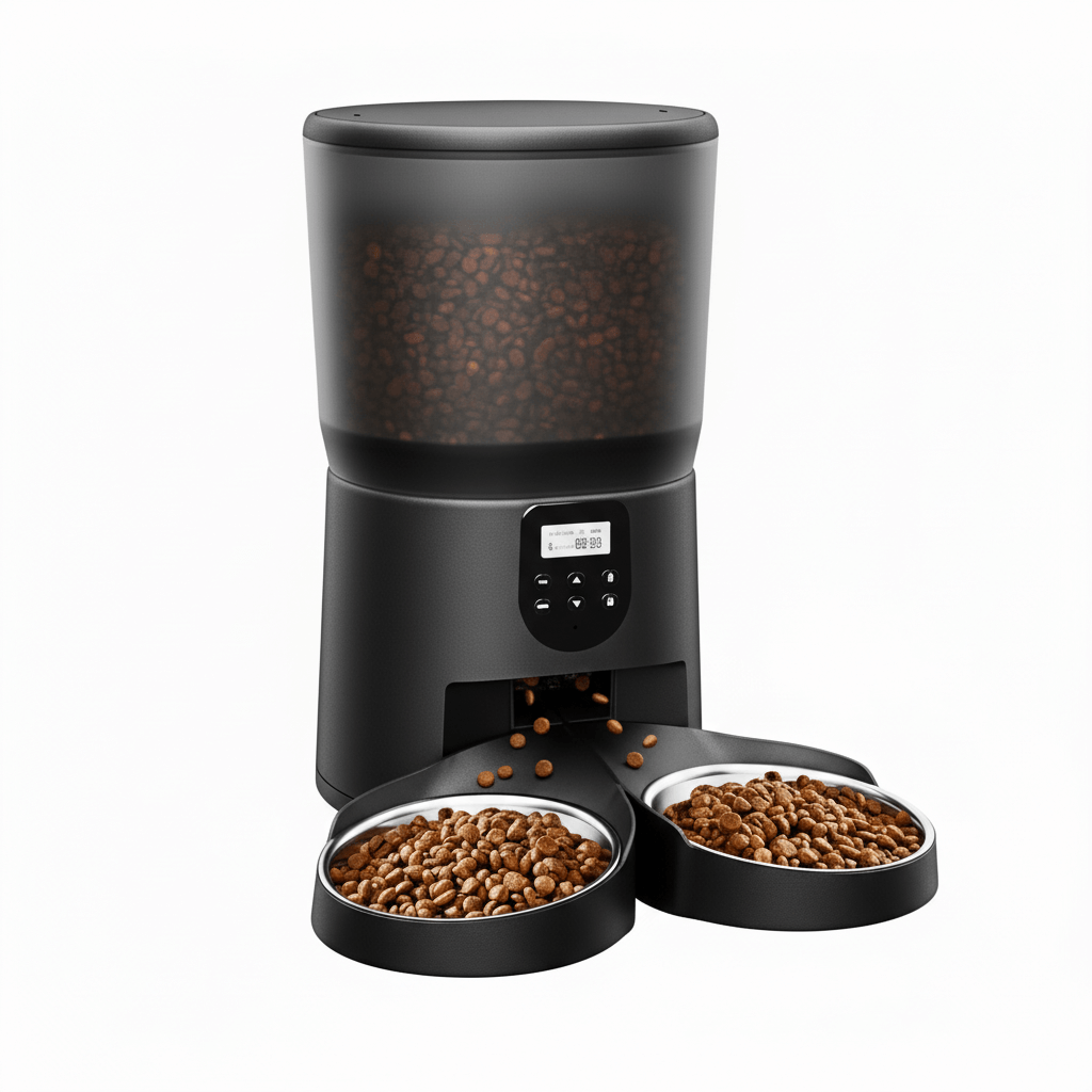 Dual pet automatic feeder with voice recording and 200 oz capacity for cats and dogs.