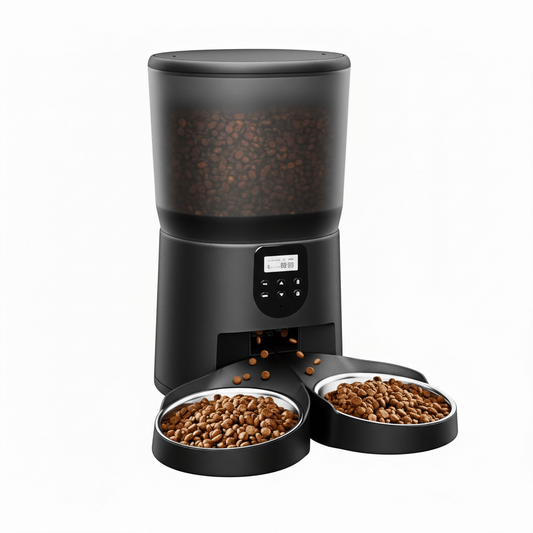 Dual pet automatic feeder with voice recording and 200 oz capacity for cats and dogs.