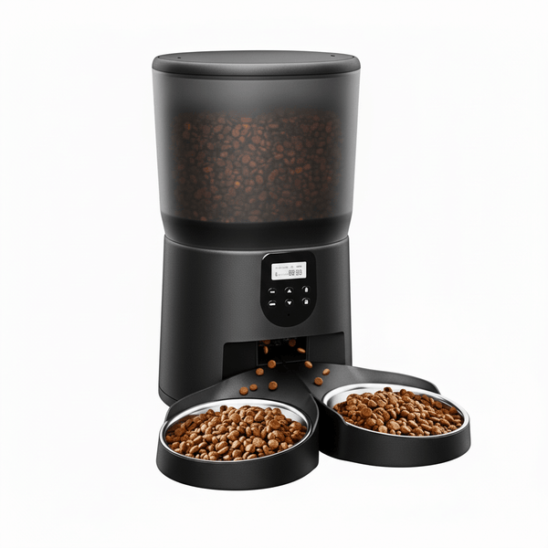 Dual pet automatic feeder with voice recording and 200 oz capacity for cats and dogs.