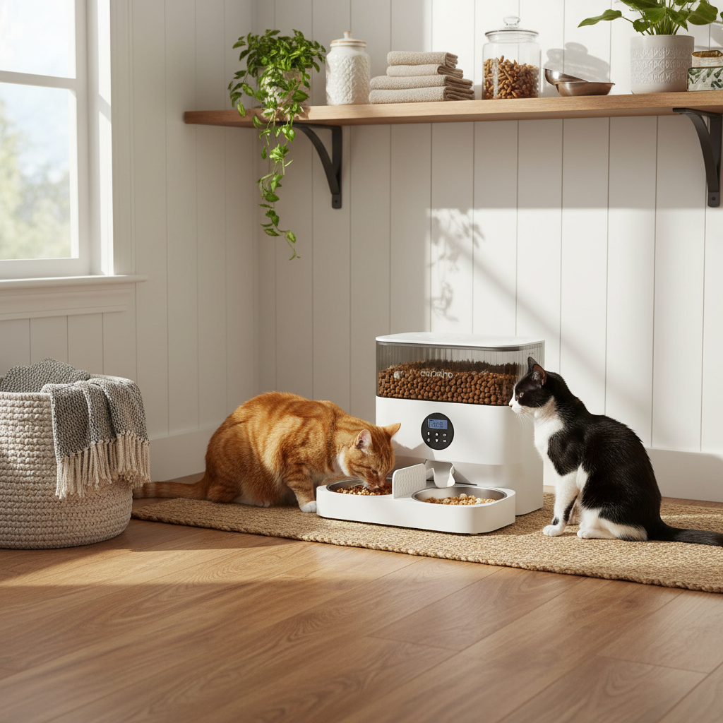 Espelho Feeder in Cozy Utility Room with Two Cats