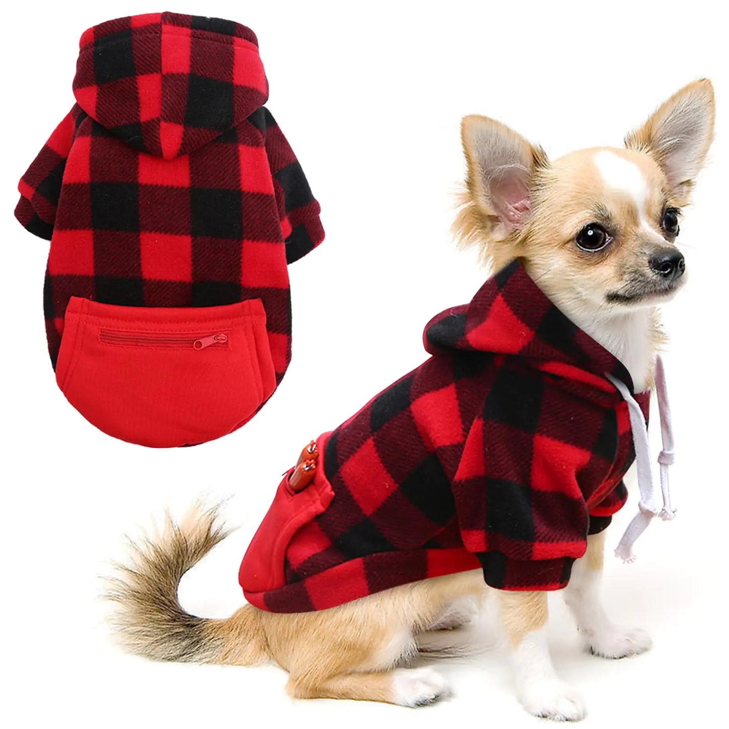 Dog wearing a red and black checkered hoodie with a close-up of the hoodie on the left.