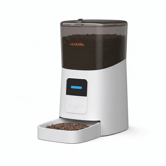 6L WiFi Automatic Pet Feeder with App Control, Voice Recorder & Dual Power Supply in white with pet food.