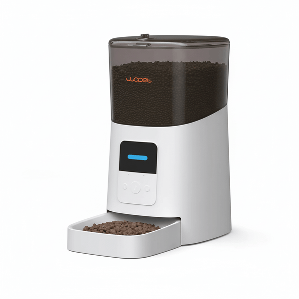 6L WiFi Automatic Pet Feeder with App Control, Voice Recorder & Dual Power Supply in white with pet food.