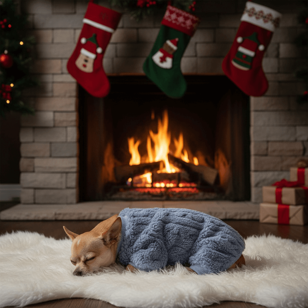 Fleece Pajamas for Small Dogs – 4-Leg Cozy Winter Jumpsuit keeping a small dog warm by the fireplace during winter.