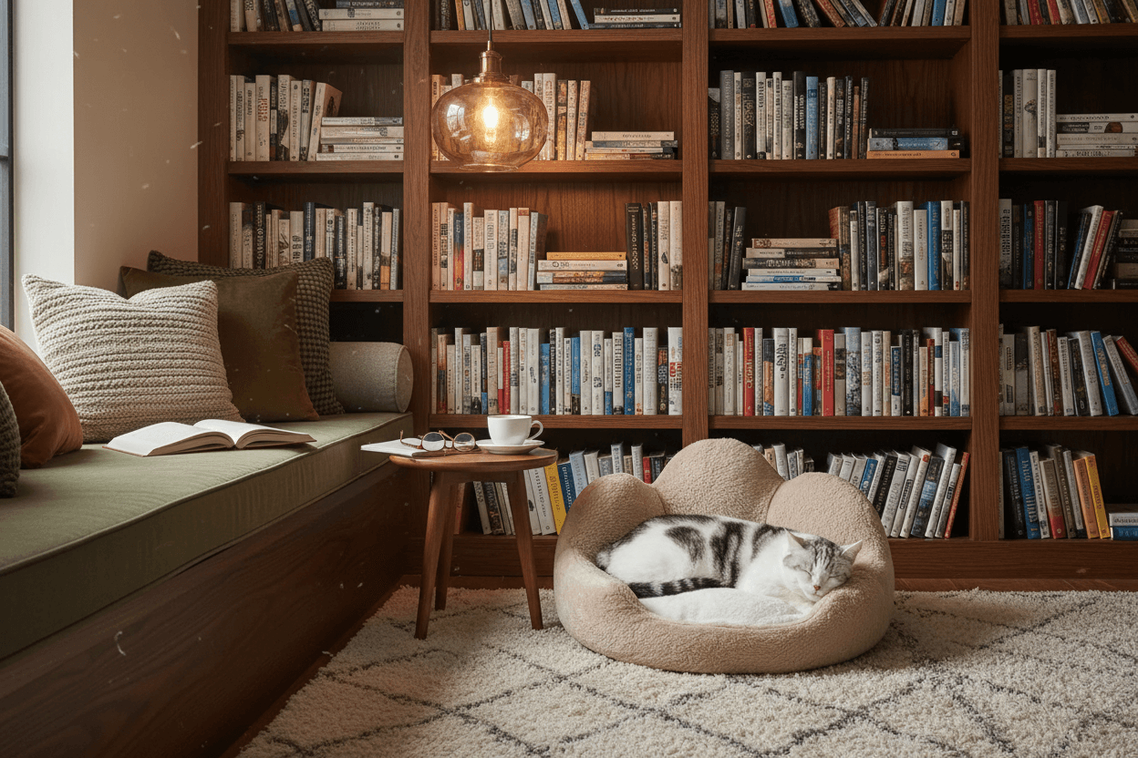Flower petal cat bed in cozy reading nook