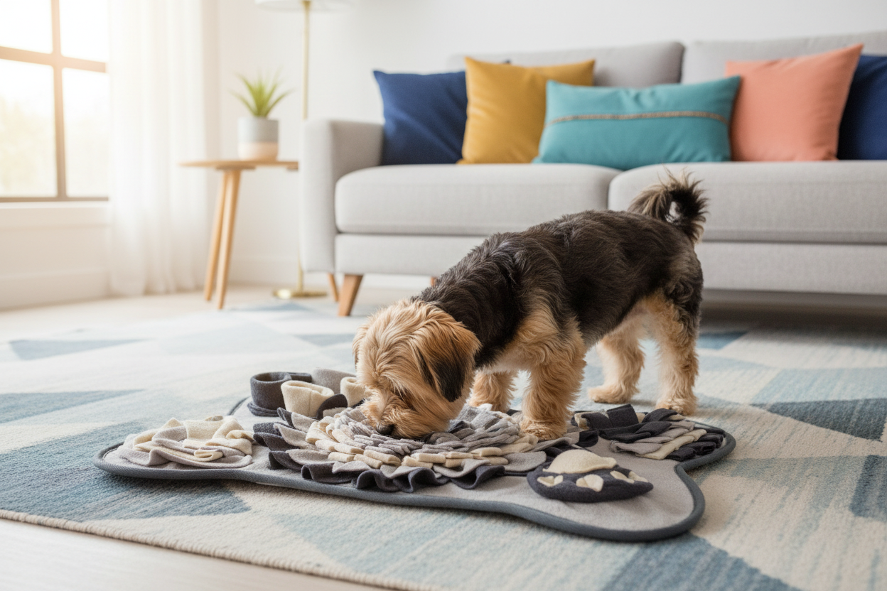 Fluffy dog in contemporary living room