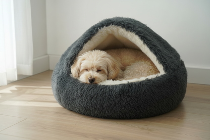 Fluffy dog in dark grey hooded cave