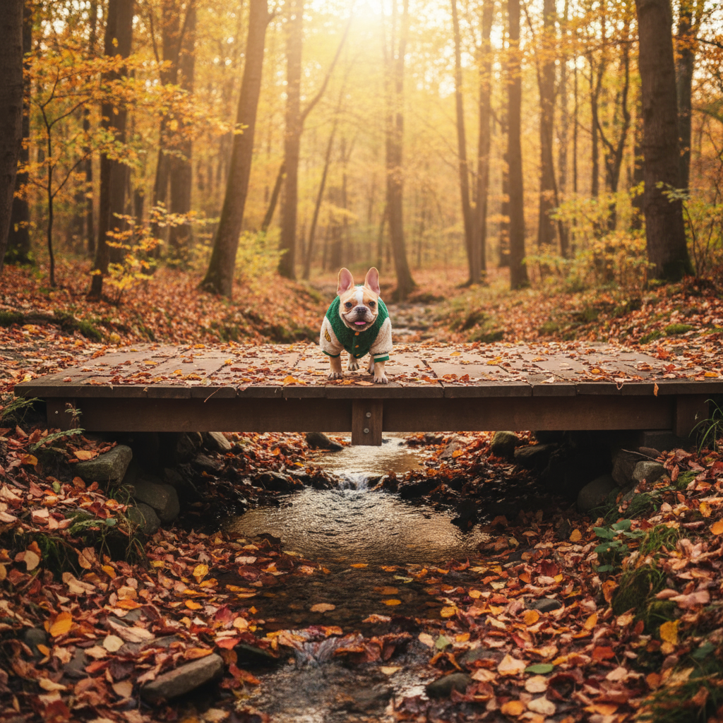 Franse Bulldog puppy op houten brug