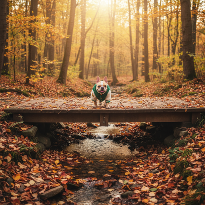 Franse Bulldog puppy op houten brug