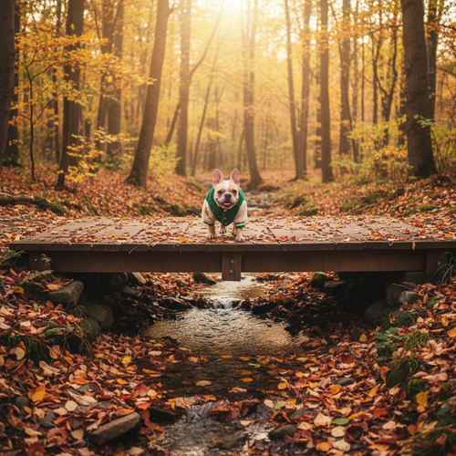 Franse Bulldog puppy op houten brug