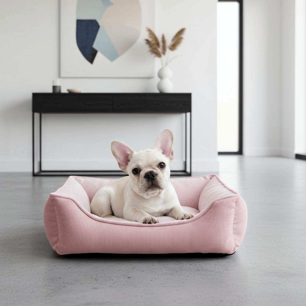 French Bulldog in pink pet bed