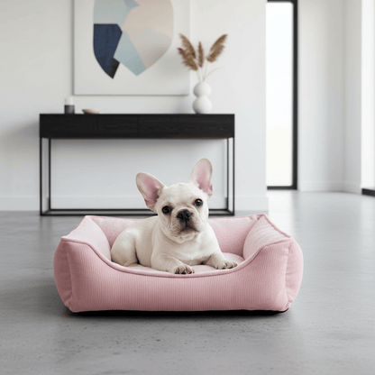 French Bulldog in pink pet bed