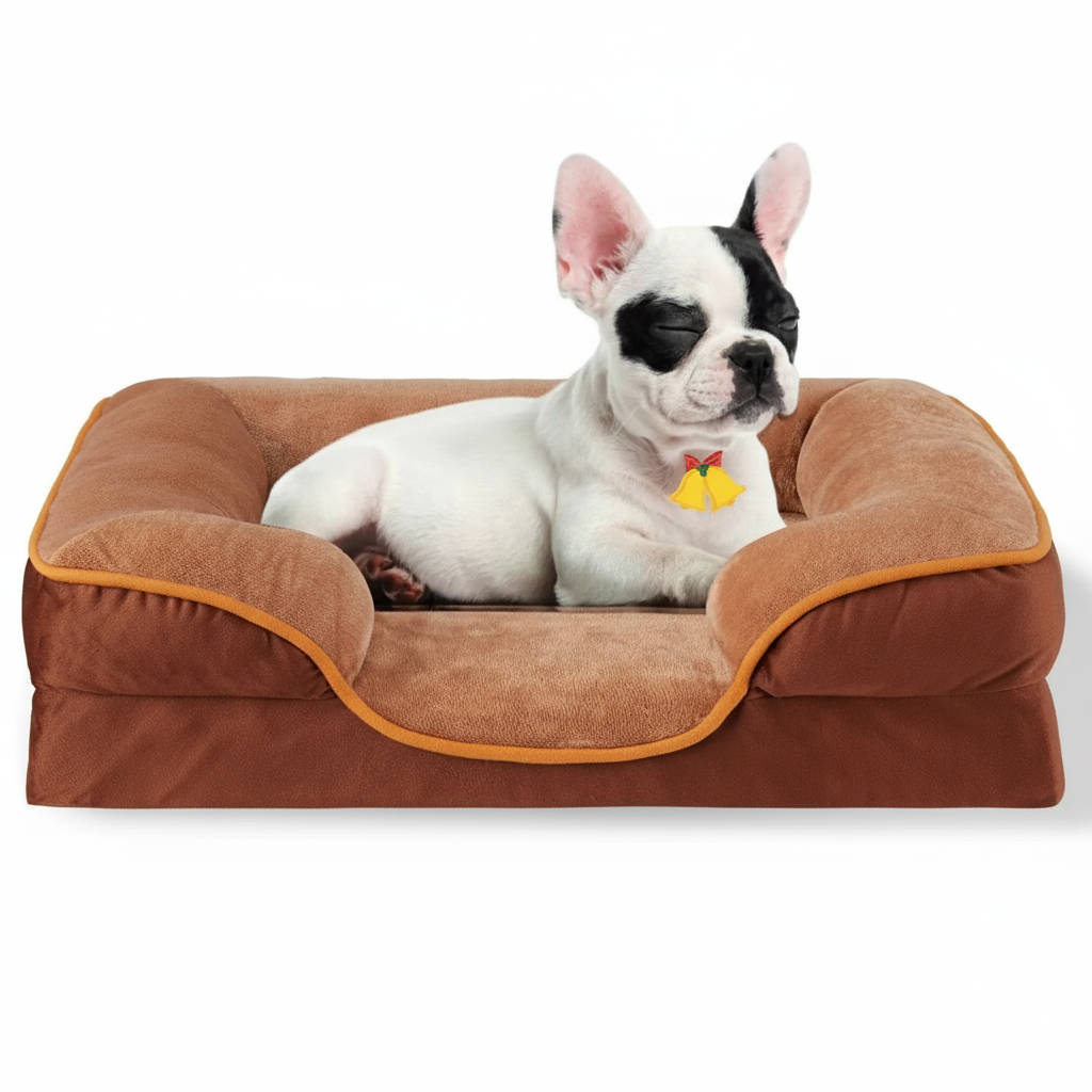 French Bulldog on Brown Bed - Resting