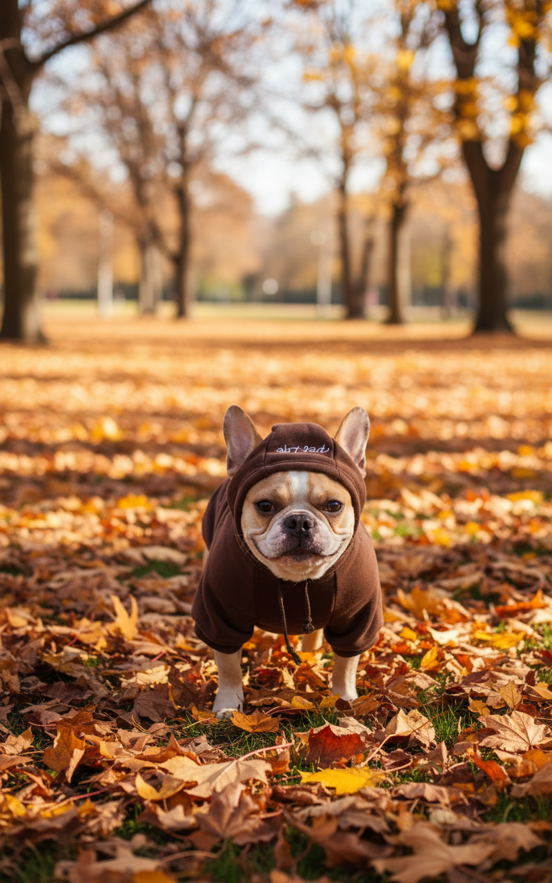 French Bulldog wearing brown hoodie - autumn park