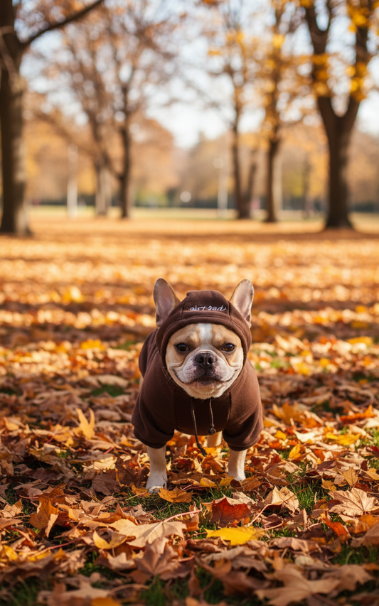 French Bulldog wearing brown hoodie - autumn park