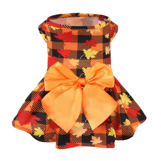 Autumn Plaid Puppy Dress – Maple Style with orange bow and plaid pattern, perfect for fall celebrations.