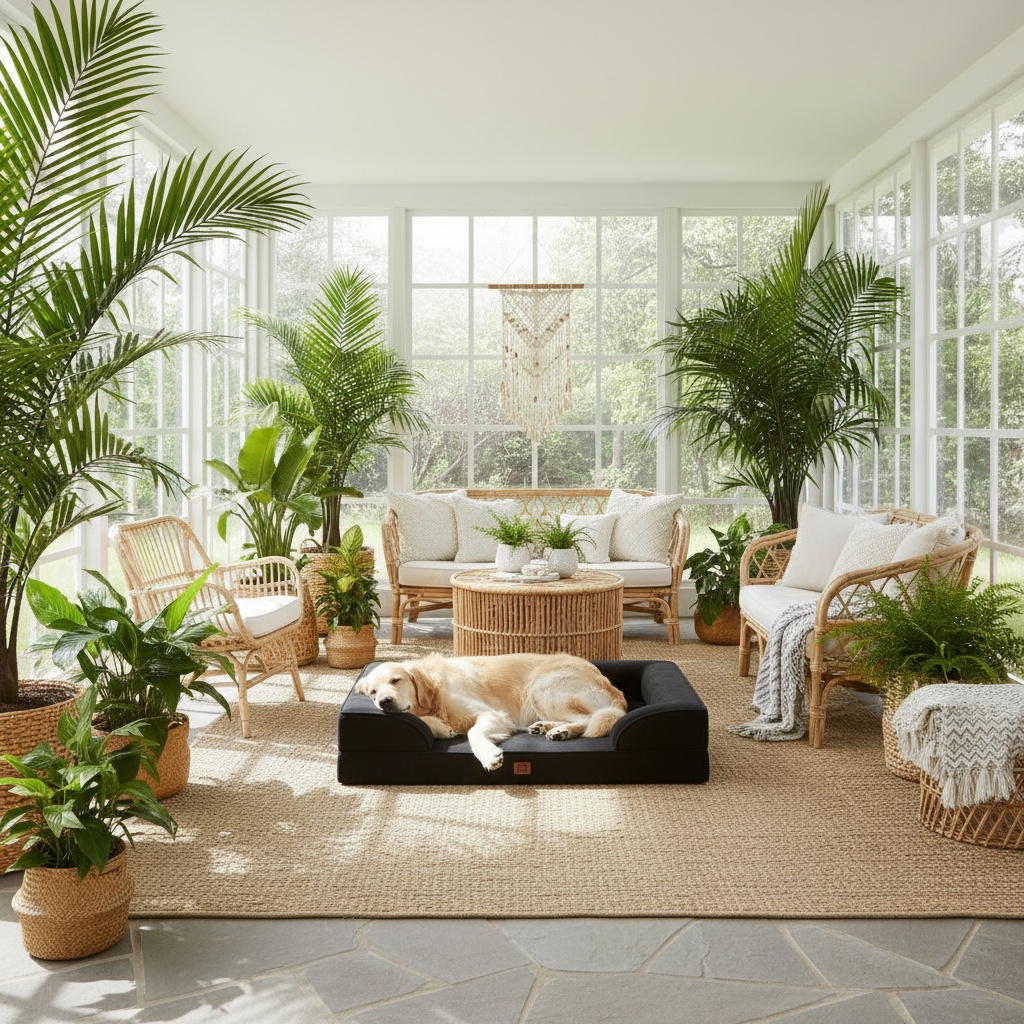 Golden Retriever in bright sunroom
