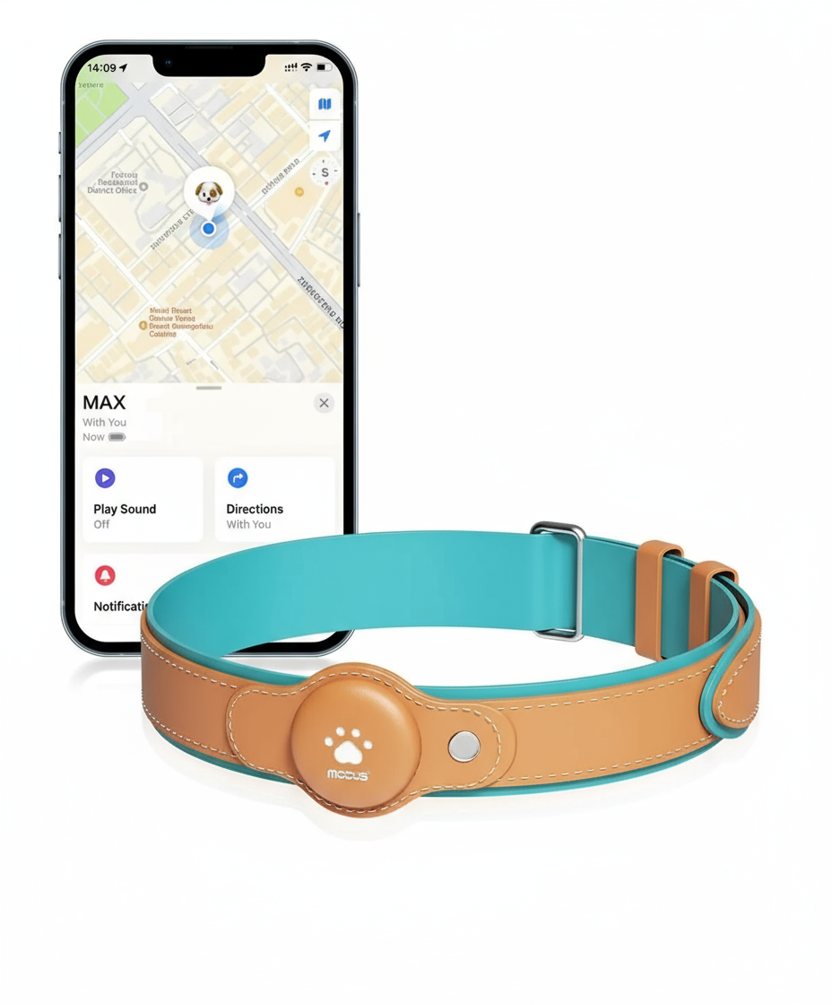 GPS tracker collar - close-up met iPhone