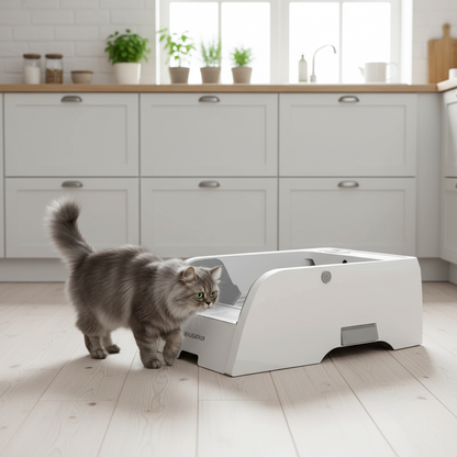 Gray Persian cat in Scandinavian kitchen