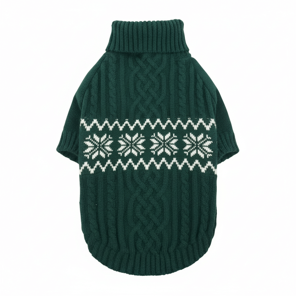 Cable Knit Dog Sweater for Large Dogs XL | Winter Warmth in dark green with Fair Isle snowflake pattern.