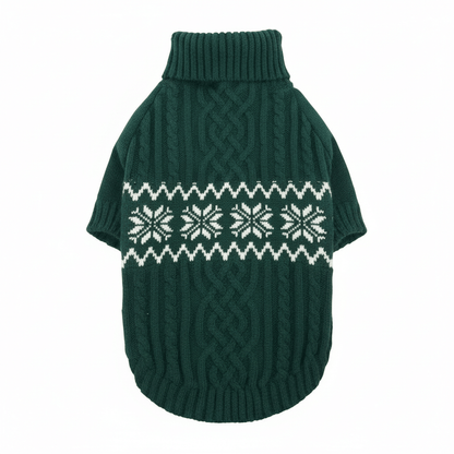 Cable Knit Dog Sweater for Large Dogs XL | Winter Warmth in dark green with Fair Isle snowflake pattern.