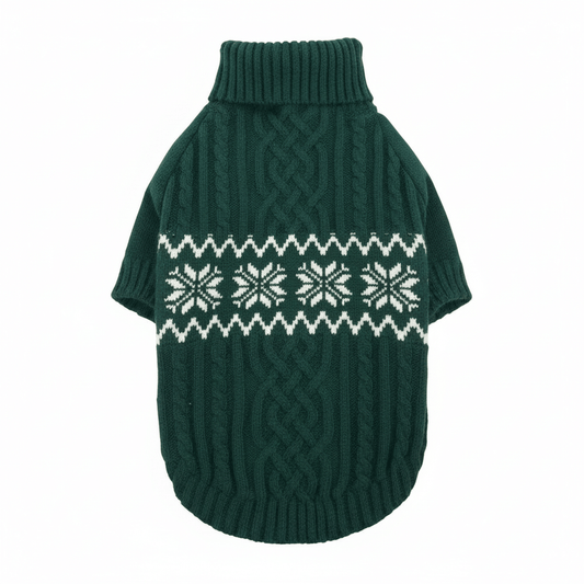Cable Knit Dog Sweater for Large Dogs XL | Winter Warmth in dark green with Fair Isle snowflake pattern.