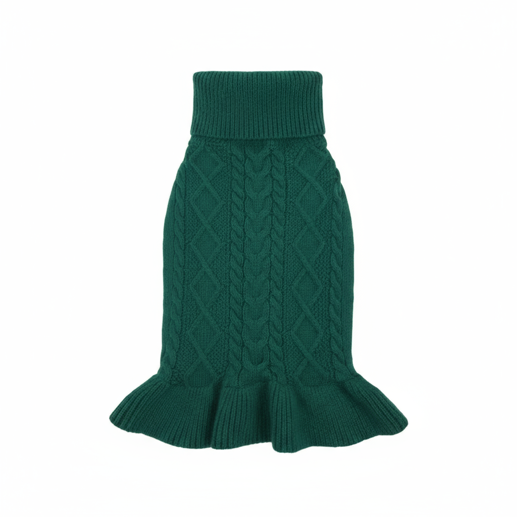 Green cable knit dog sweater standing upright