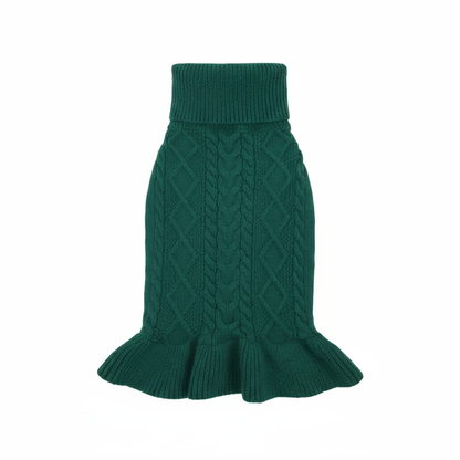 Green cable knit dog sweater standing upright