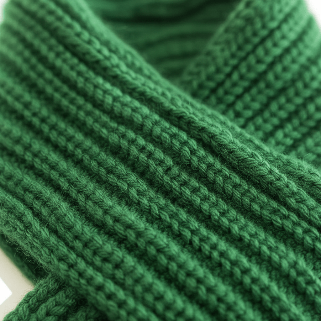 Winter Dog Scarf 2-Pack – Red & Green | Festive Knit – Close-up of green knitted scarf.
