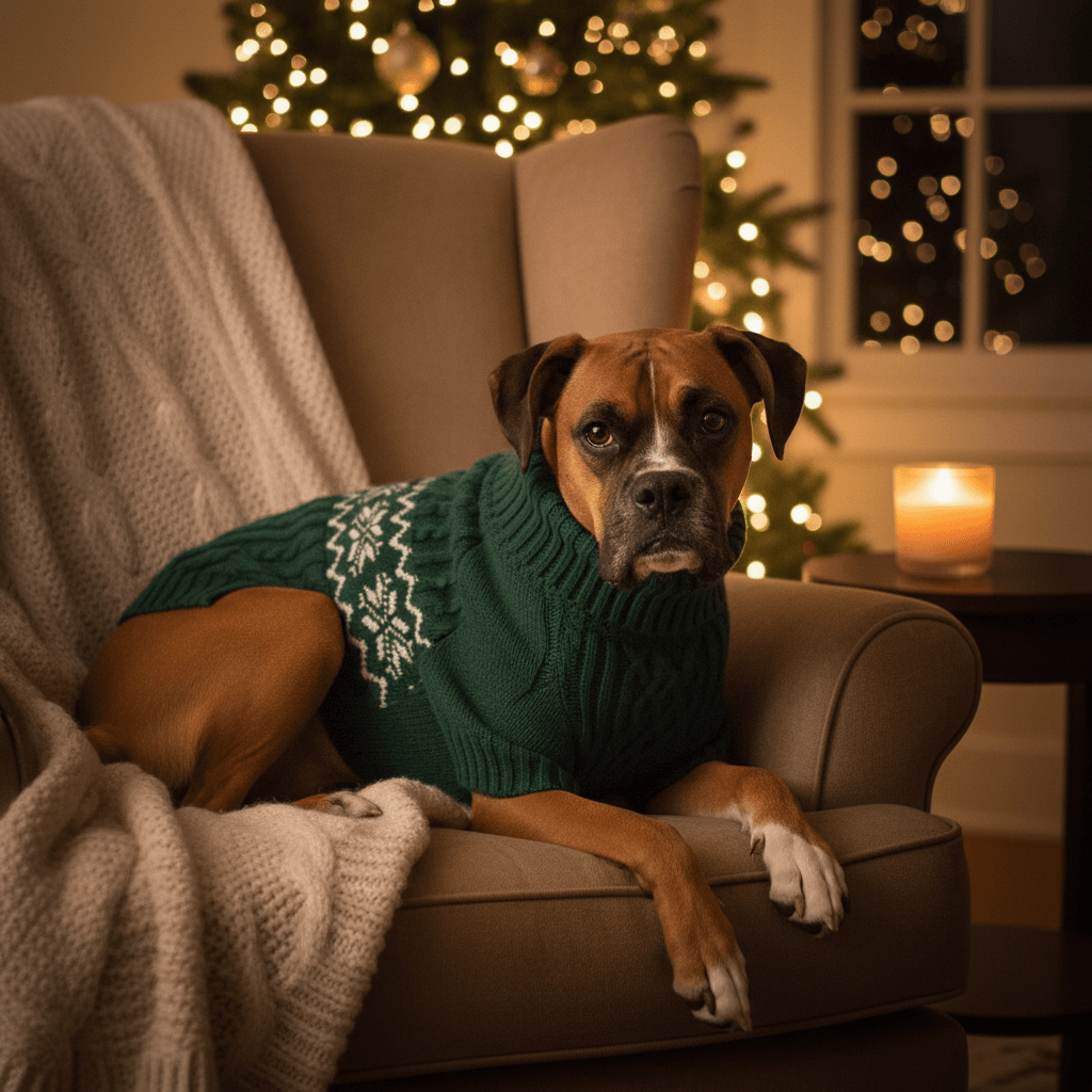 Cable Knit Dog Sweater for Large Dogs XL | Winter Warmth on a cozy dog lounging by a Christmas tree.