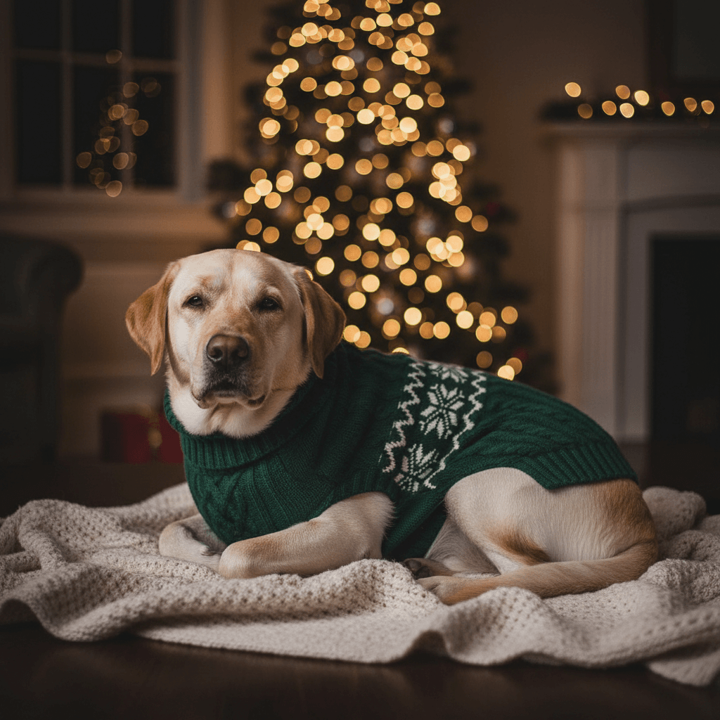 Cable Knit Dog Sweater for Large Dogs XL | Winter Warmth on a cozy labrador next to a Christmas tree.