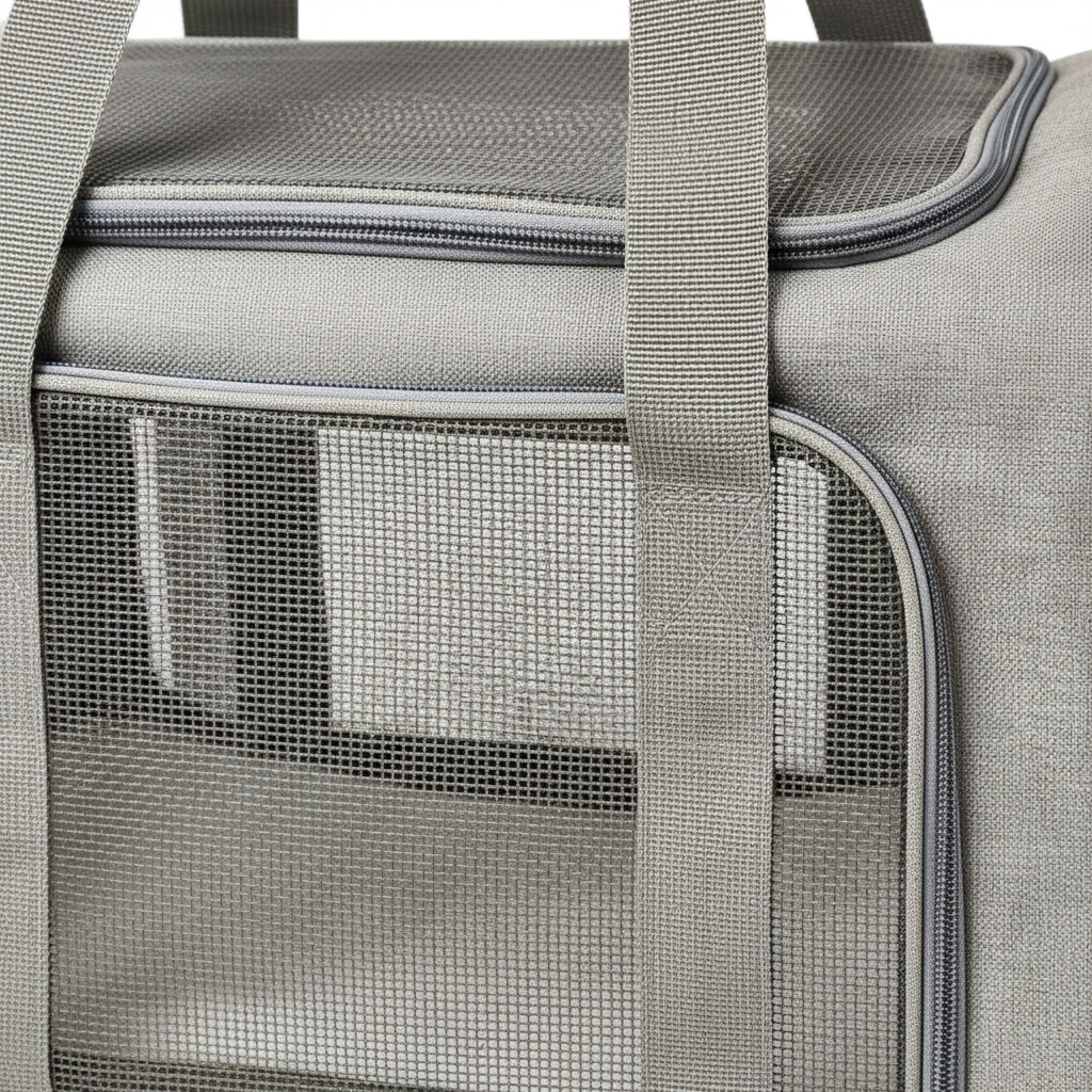 Grijze pet carrier close-up