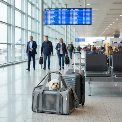 Grijze pet carrier in airport scene